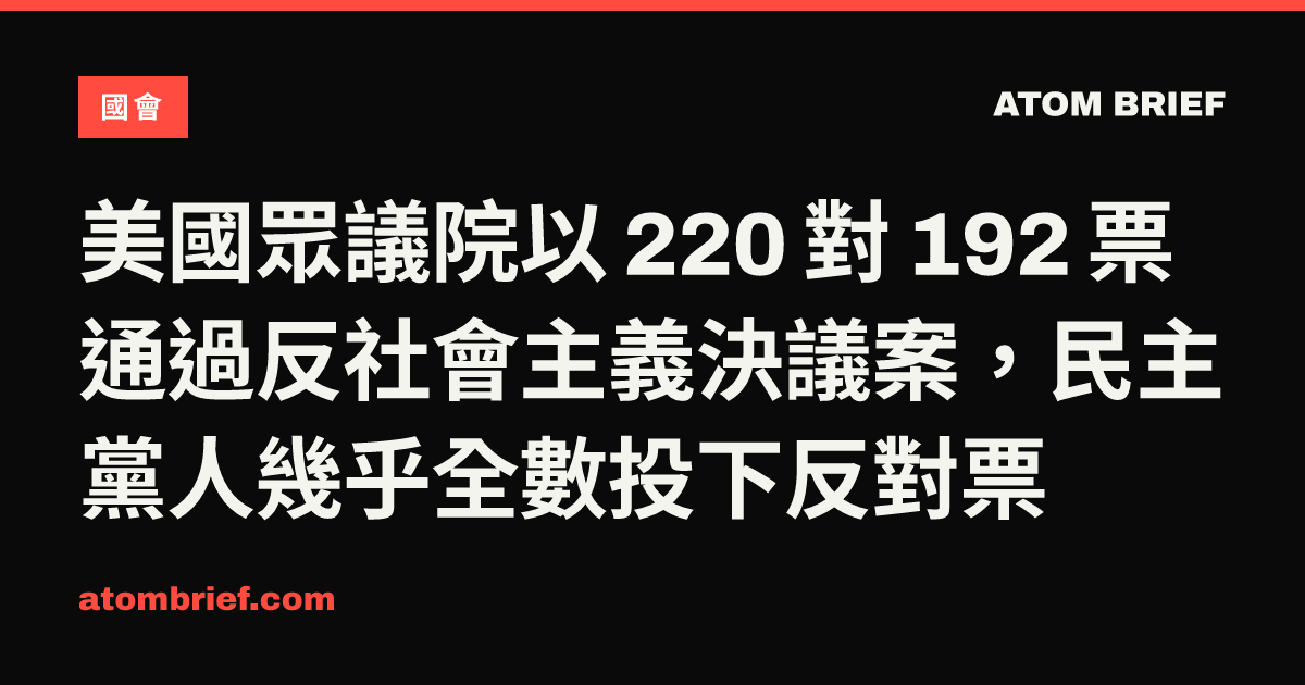 美國眾議院以 220 對 192 票通過反社會主義決議案，民主黨人幾乎全數投下反對票