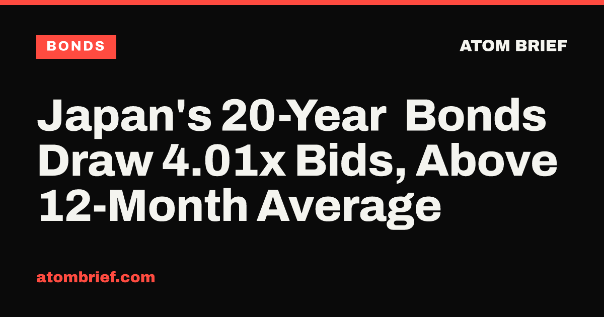 Japan's 20-Year Bonds Draw 4.01x Bids, Above 12-Month Average