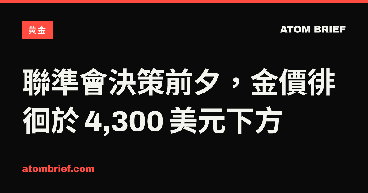 聯準會決策前夕，金價徘徊於 4,300 美元下方