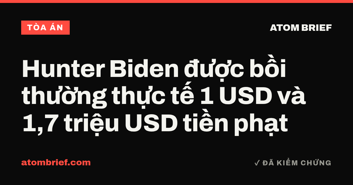 Hunter Biden được bồi thường thực tế 1 USD và 1,7 triệu USD tiền phạt