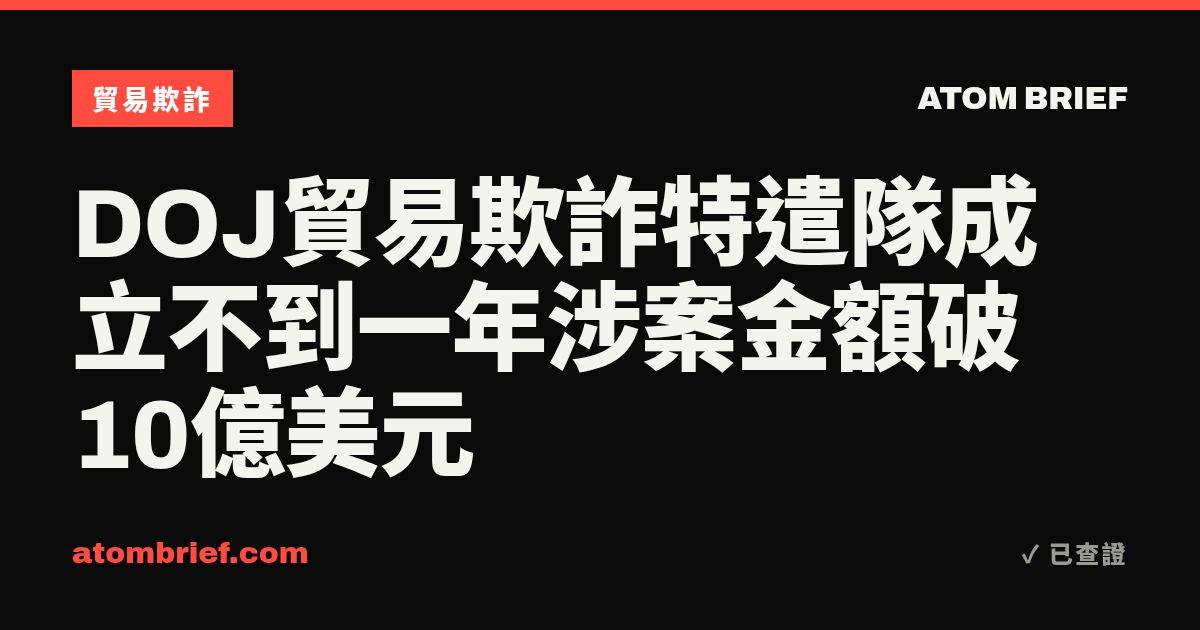 DOJ貿易欺詐特遣隊成立不到一年涉案金額破10億美元