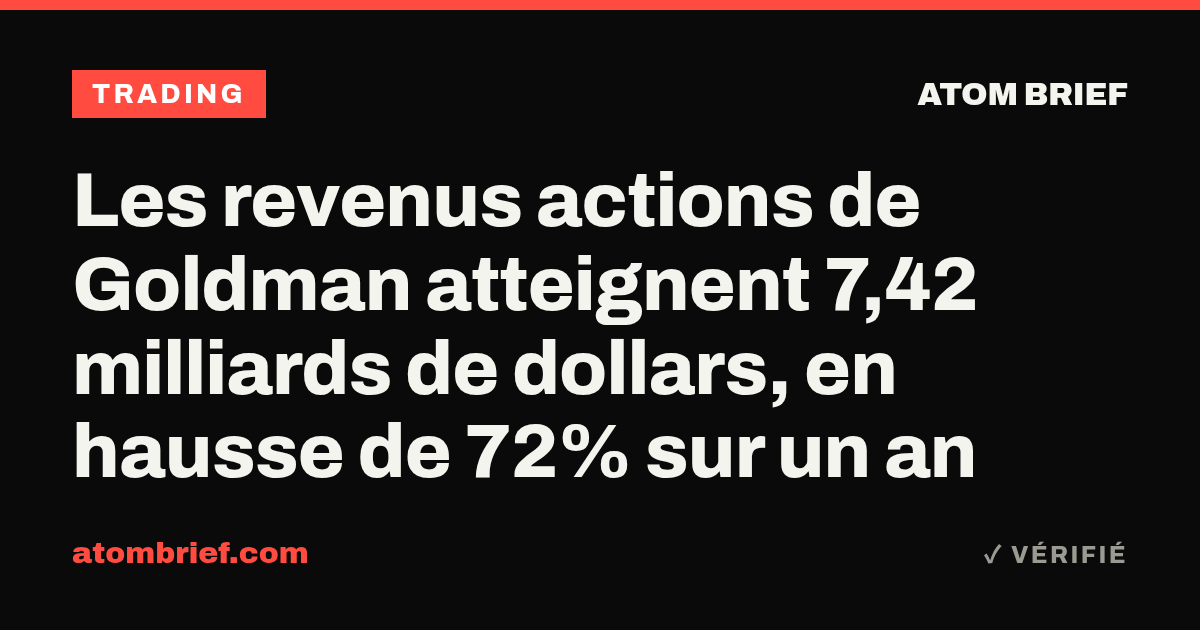 Les revenus actions de Goldman atteignent 7,42 milliards de dollars, en hausse de 72% sur un an