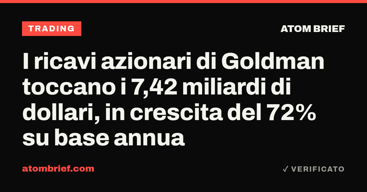 I ricavi azionari di Goldman toccano i 7,42 miliardi di dollari, in crescita del 72% su base annua