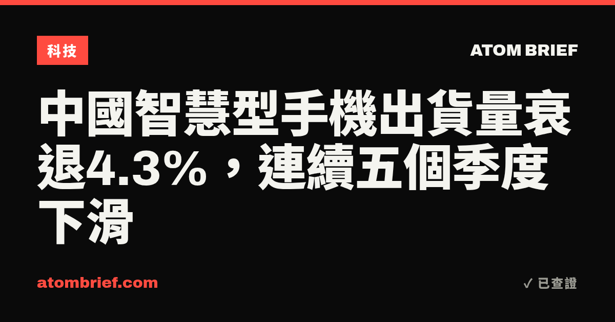 中國智慧型手機出貨量衰退4.3%，連續五個季度下滑