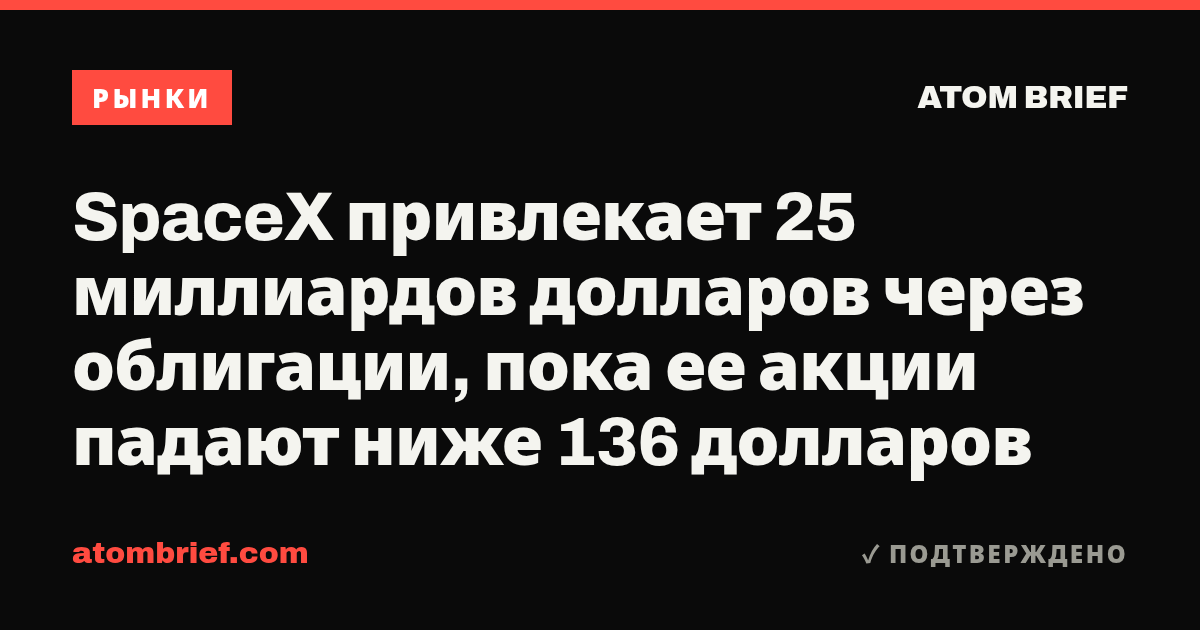 SpaceX привлекает 25 миллиардов долларов через облигации, пока ее акции падают ниже 136 долларов