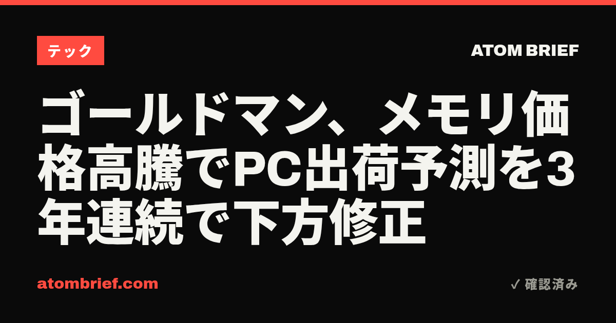 ゴールドマン、メモリ価格高騰でPC出荷予測を3年連続で下方修正