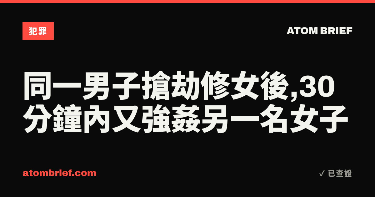 同一男子搶劫修女後,30分鐘內又強姦另一名女子