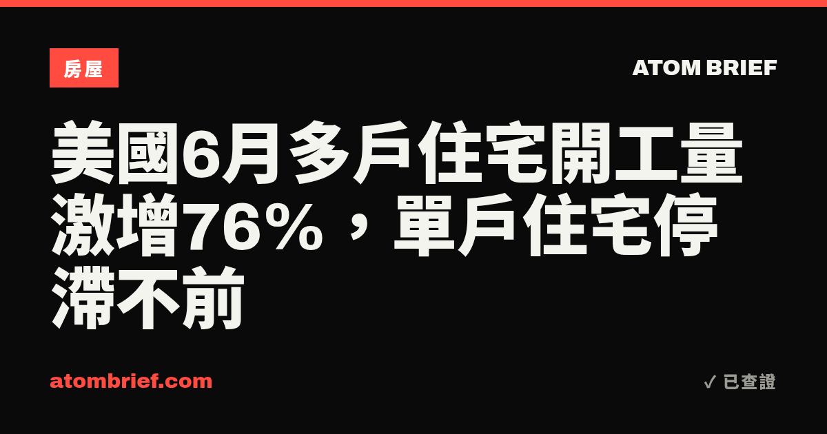 美國6月多戶住宅開工量激增76%，單戶住宅停滯不前