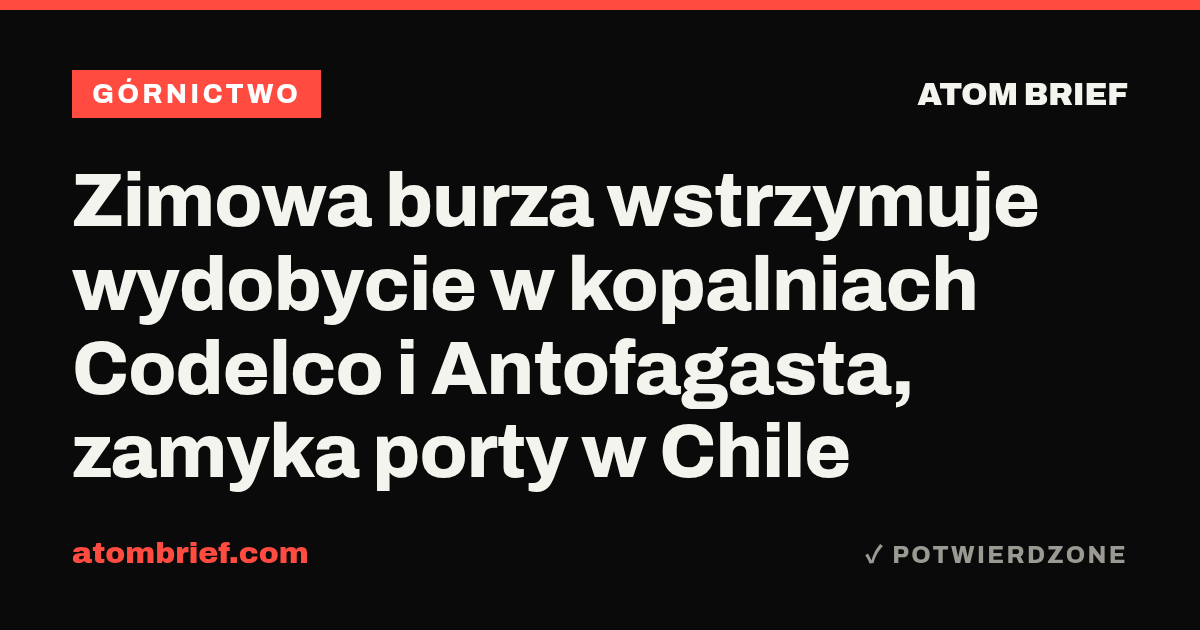 Zimowa burza wstrzymuje wydobycie w kopalniach Codelco i Antofagasta, zamyka porty w Chile