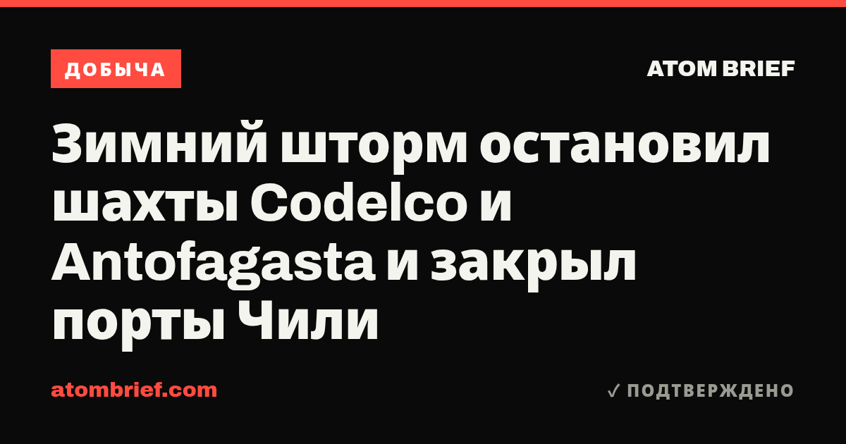 Зимний шторм остановил шахты Codelco и Antofagasta и закрыл порты Чили