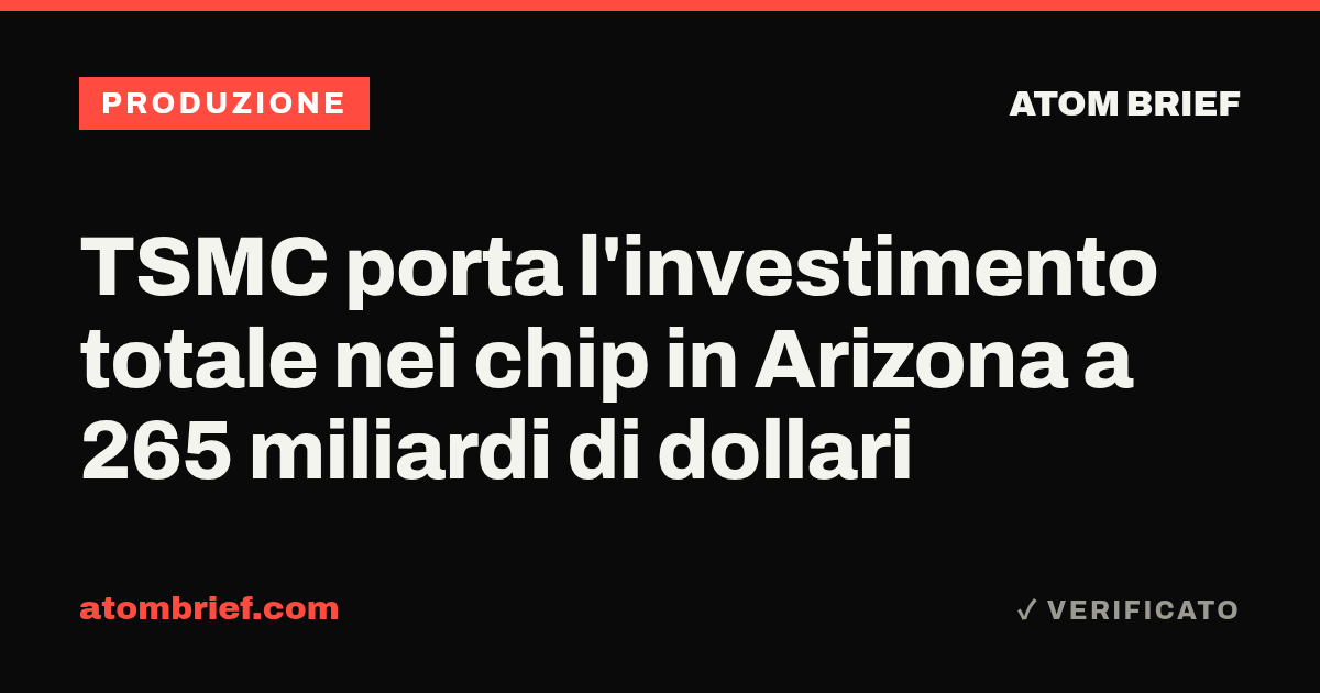 TSMC porta l'investimento totale nei chip in Arizona a 265 miliardi di dollari
