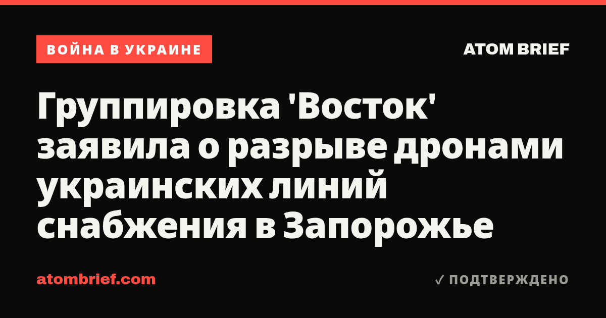 Группировка 'Восток' заявила о разрыве дронами украинских линий снабжения в Запорожье