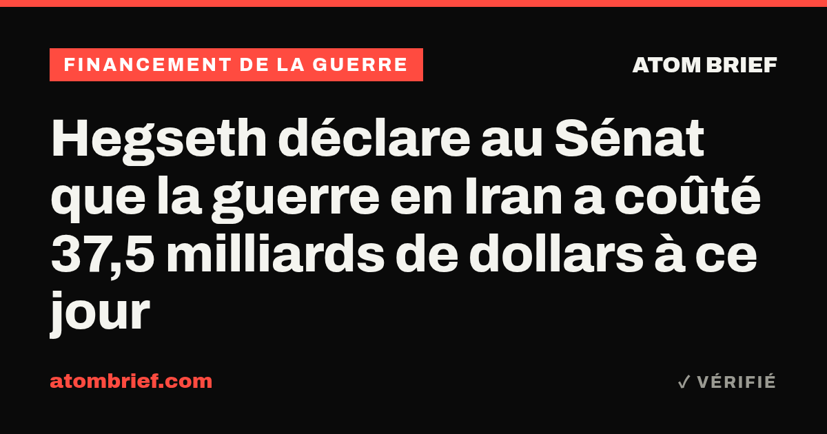 Hegseth déclare au Sénat que la guerre en Iran a coûté 37,5 milliards de dollars à ce jour