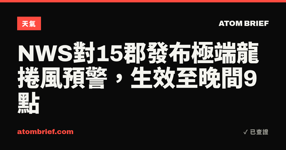 NWS對15郡發布極端龍捲風預警，生效至晚間9點
