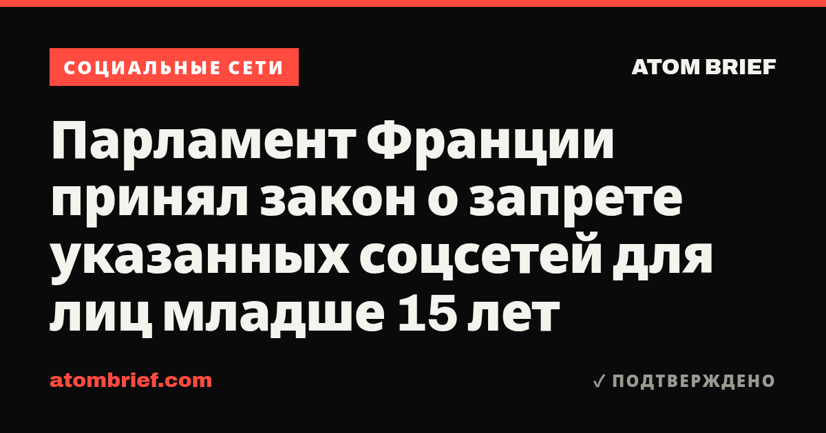 Парламент Франции принял закон о запрете указанных соцсетей для лиц младше 15 лет